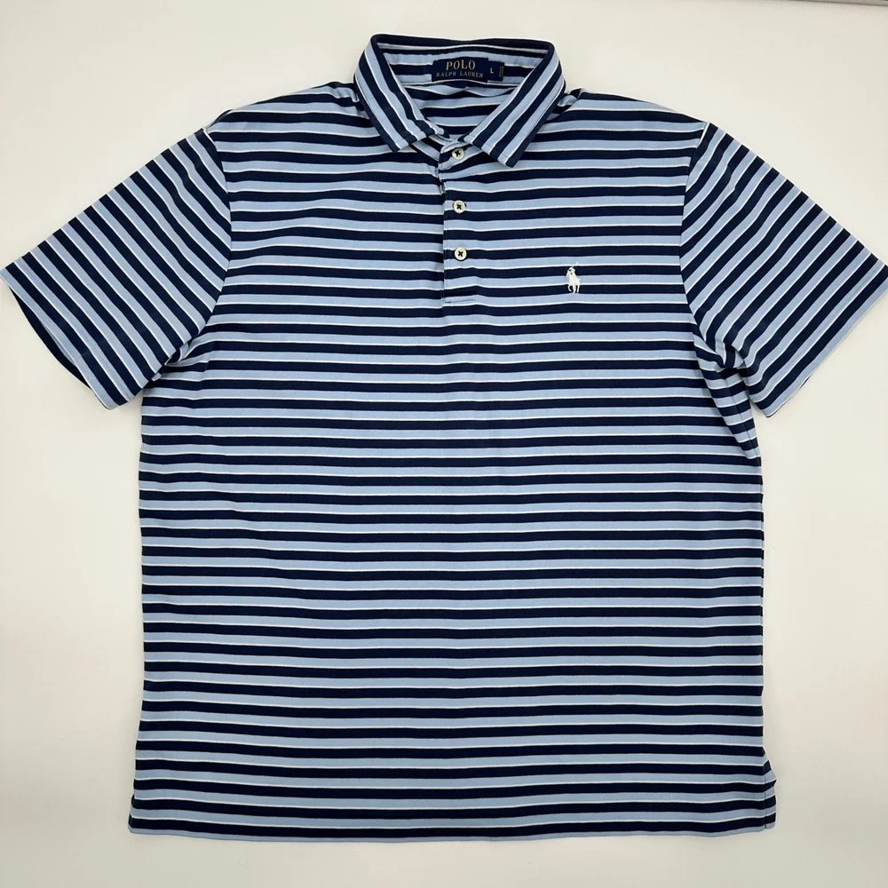 Polo Ralph Lauren Navy Blue Light Blue Striped Polo Shirt Preppy‎ Size Large